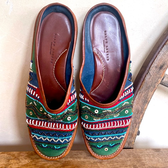 RALPH LAUREN COLLECTION Unique Colorful Beaded Soft Suede Mule Flats 37.5B ITALY - Picture 1 of 12